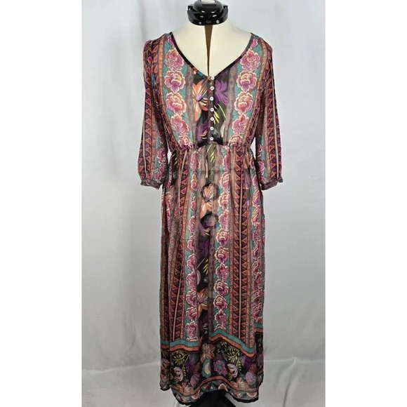 Boho Retro Chiffon Long Sleeve Geometric Floral Maxi Dresses - Picture 5 of 16